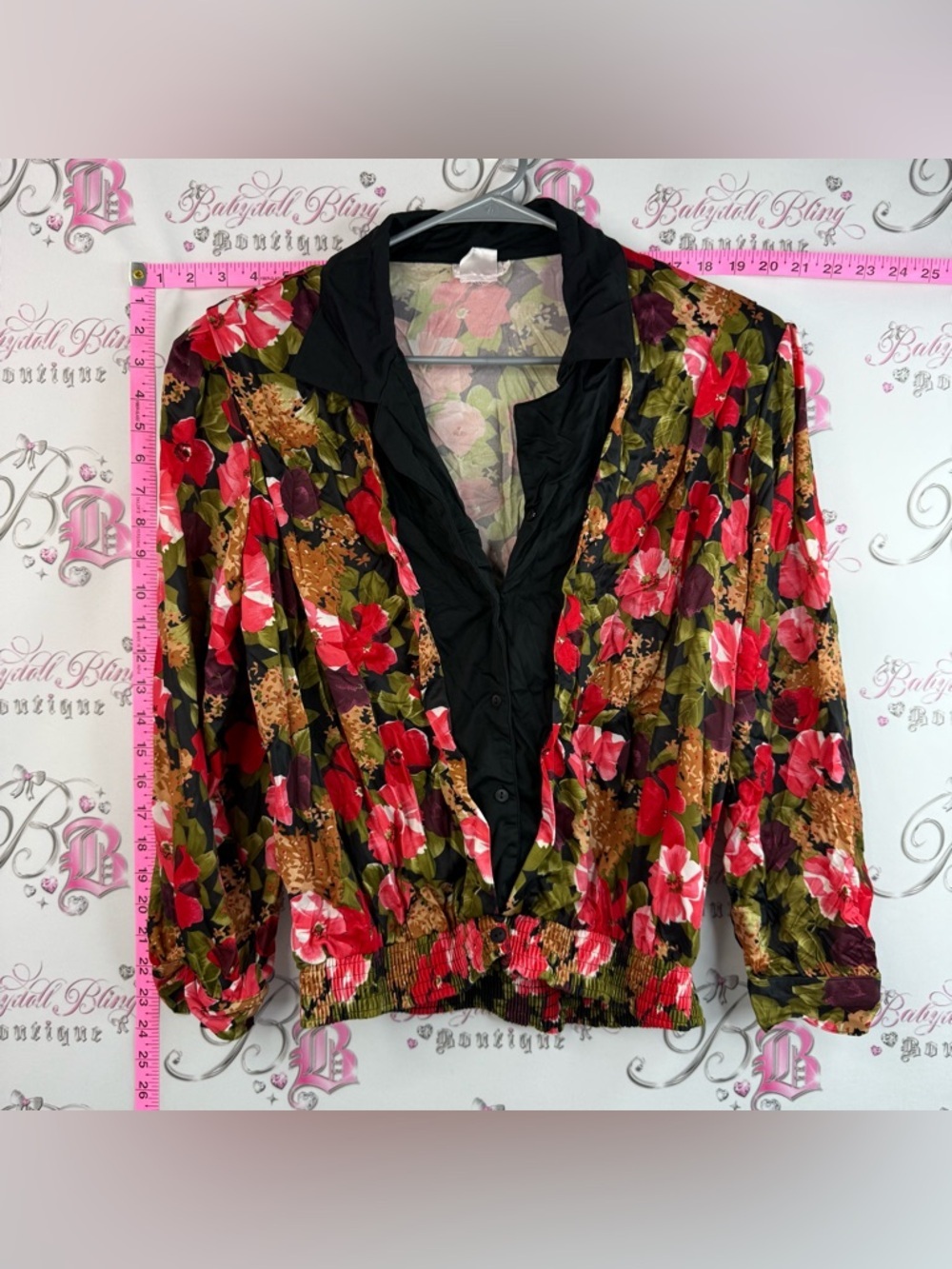 TanJay blouse vintage shoulder pads Floral Blouson Jacket Red Green, Black Brown